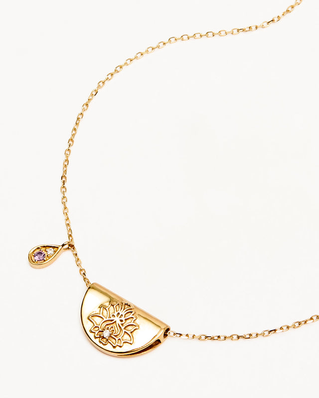 14k Solid Gold Lotus Birthstone Diamond Necklace - February - Amethyst
