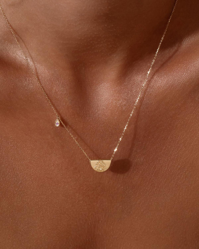 14k Solid Gold Lotus Birthstone Diamond Necklace - February - Amethyst