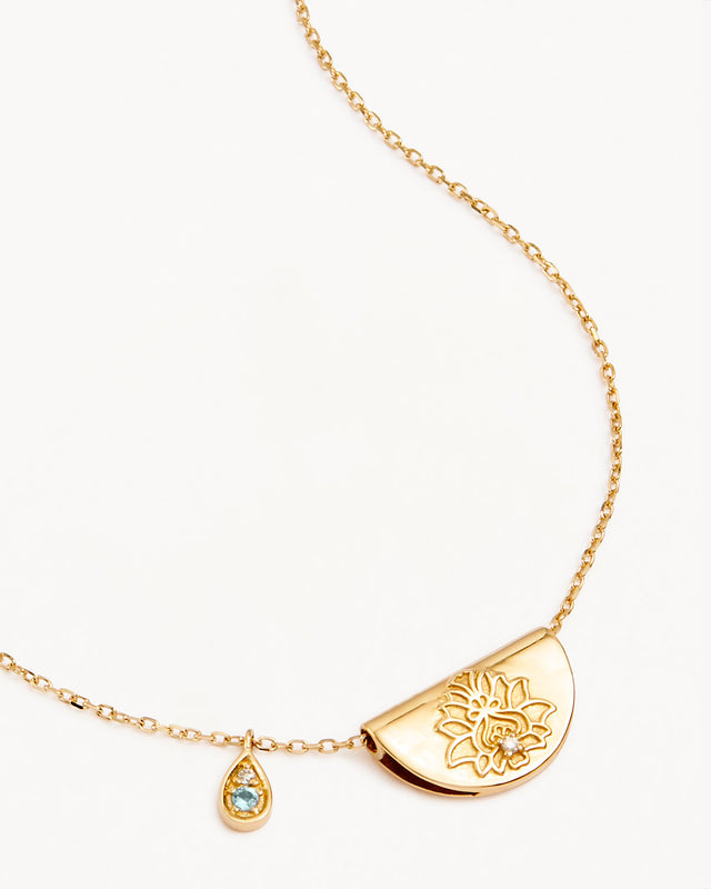 14k Solid Gold Lotus Birthstone Diamond Necklace - March - Aquamarine