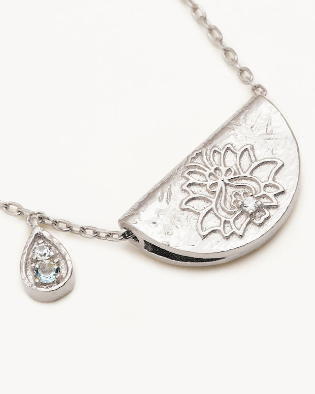 Sterling Silver Lotus Birthstone Necklace - March - Aquamarine
