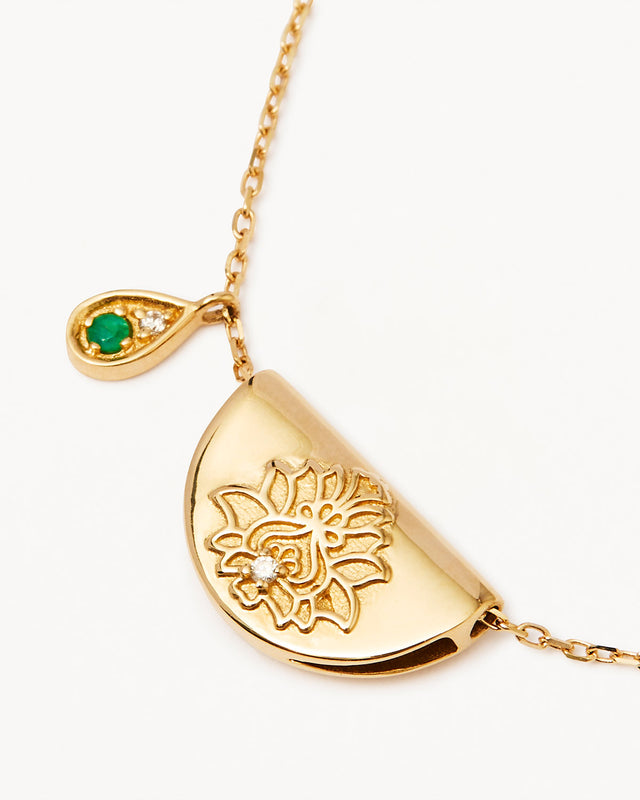 14k Solid Gold Lotus Birthstone Diamond Necklace - May - Emerald