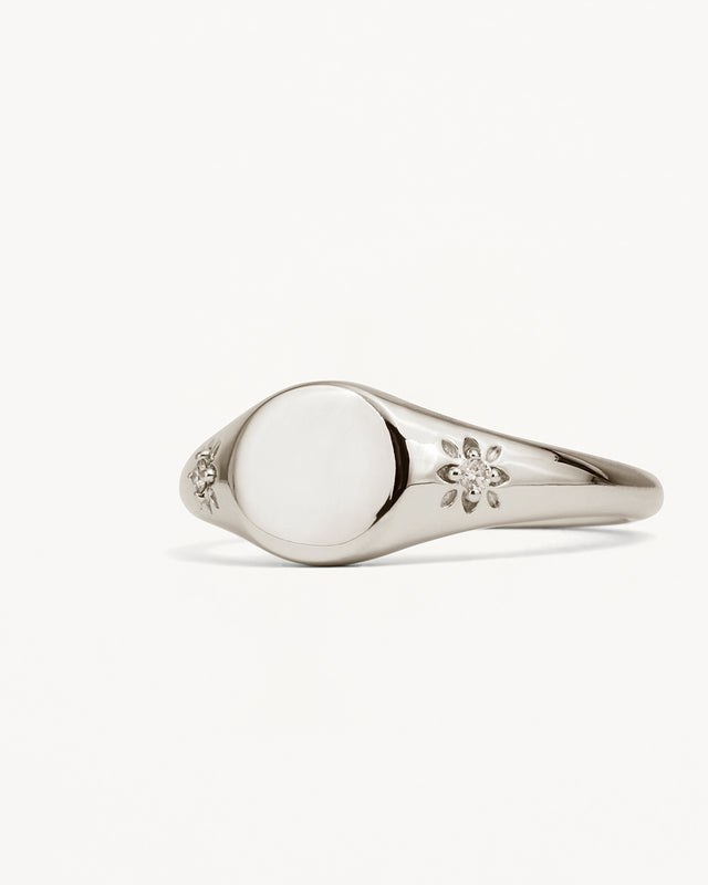 14k Solid White Gold Lotus Diamond Signet Ring