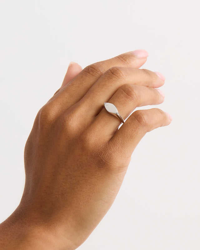 14k Solid White Gold Petal Diamond Signet Ring