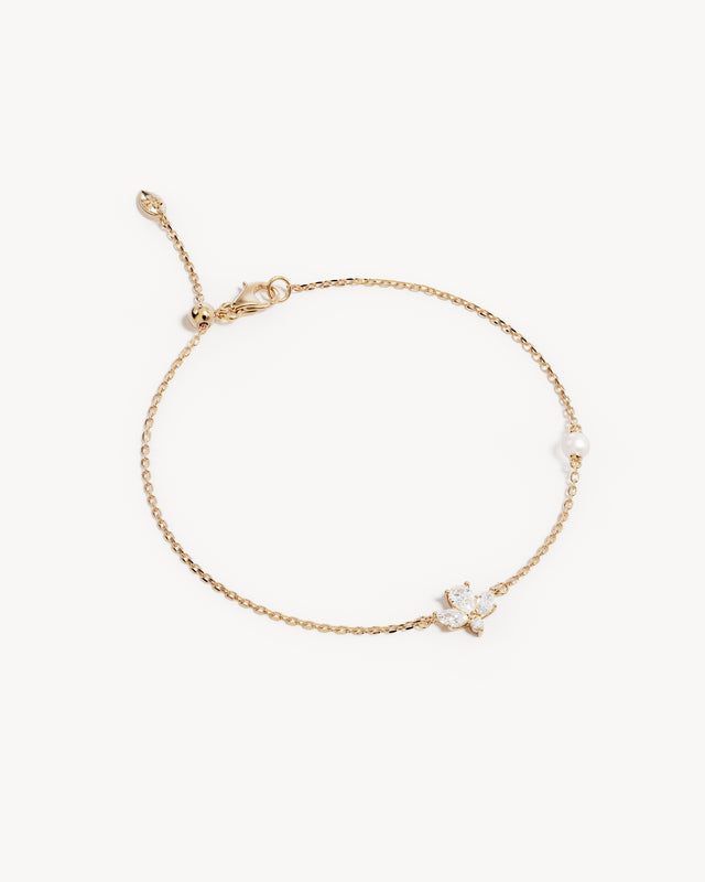 18k Solid Gold Floating Lotus Lab-Grown Diamond Pearl Bracelet