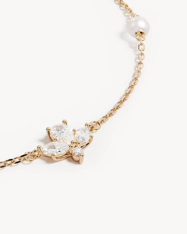 18k Solid Gold Floating Lotus Lab-Grown Diamond Pearl Bracelet