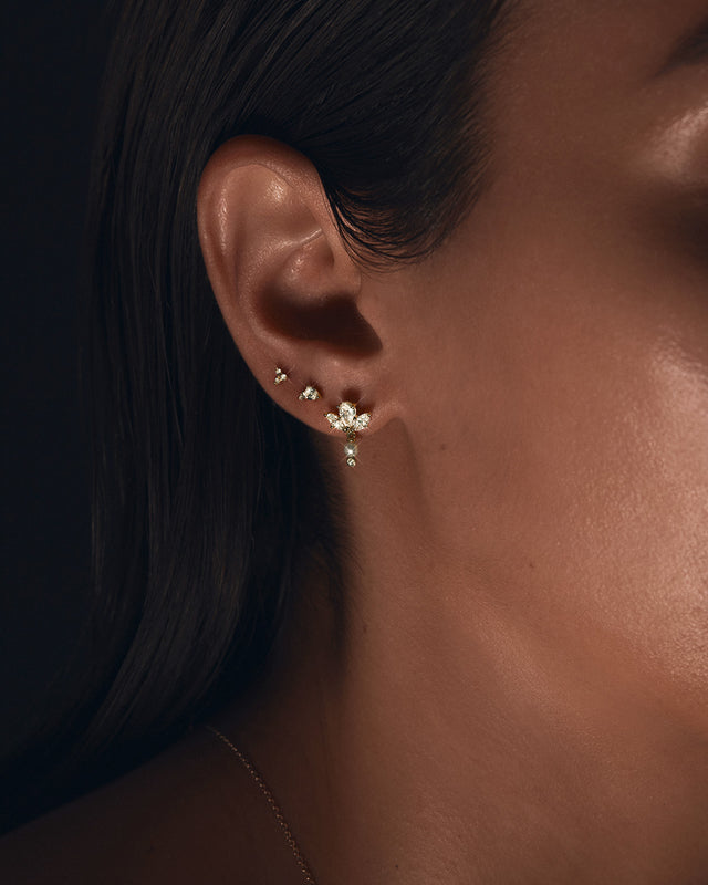 18k Solid Gold Floating Lotus Lab-Grown Diamond Pearl Earring