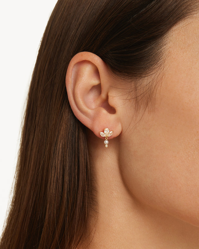 18k Solid Gold Floating Lotus Lab-Grown Diamond Pearl Earring