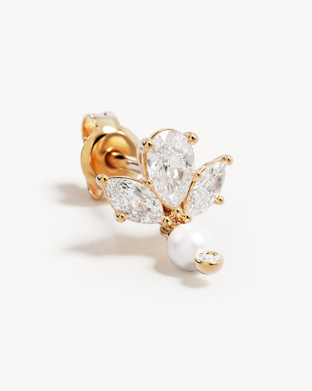 18k Solid Gold Floating Lotus Lab-Grown Diamond Pearl Earring