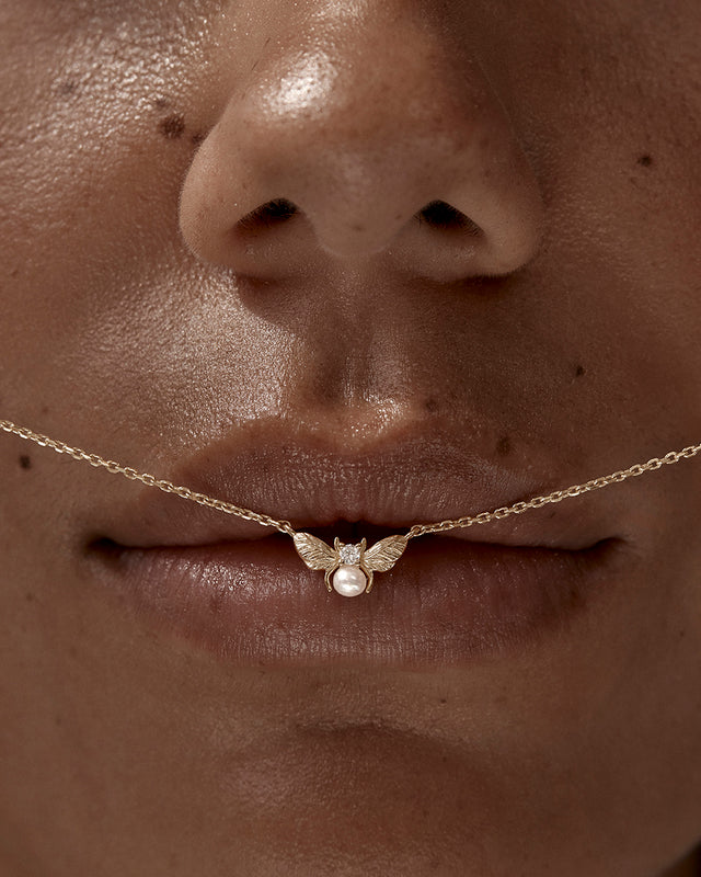 9k Solid Gold Guardian Bumblebee Lab-Grown Diamond Pearl Necklace