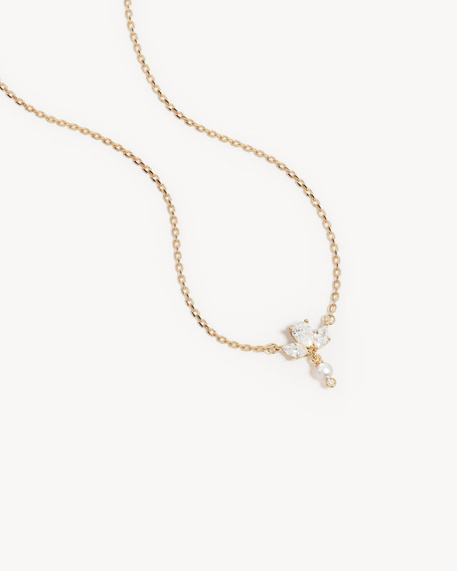 18k Solid Gold Floating Lotus Lab-Grown Diamond Pearl Necklace