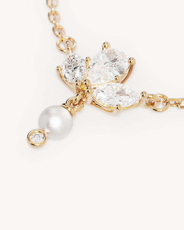 18k Solid Gold Floating Lotus Lab-Grown Diamond Pearl Necklace