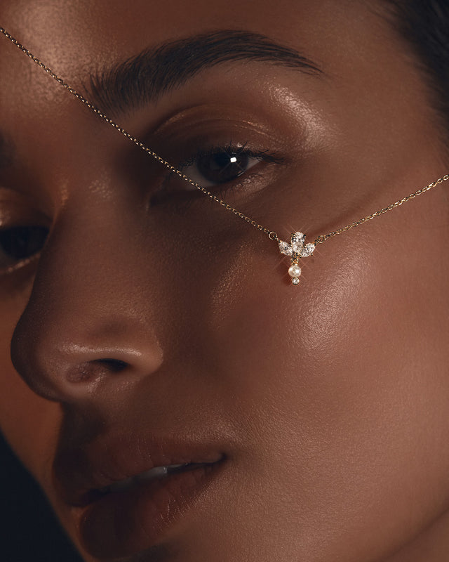 18k Solid Gold Floating Lotus Lab-Grown Diamond Pearl Necklace