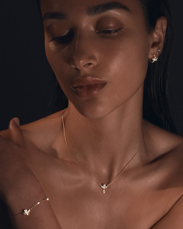 18k Solid Gold Floating Lotus Lab-Grown Diamond Pearl Necklace