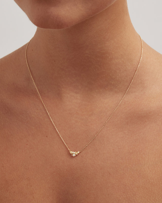 9k Solid Gold Guardian Bumblebee Lab-Grown Diamond Pearl Necklace