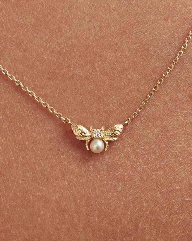 9k Solid Gold Guardian Bumblebee Lab-Grown Diamond Pearl Necklace