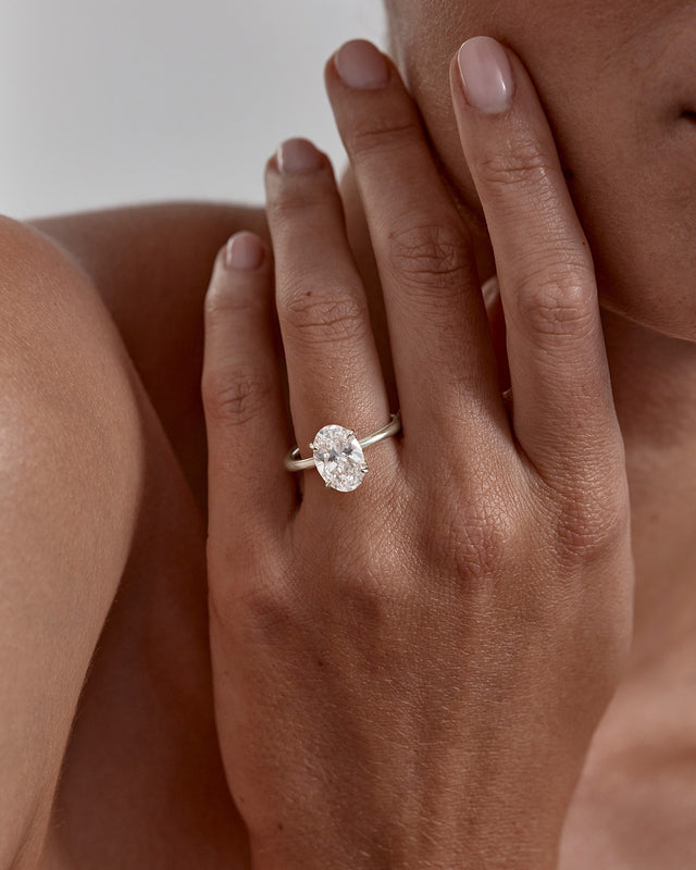 18k Solid White Gold Lotus Solitaire Engagement Ring - Oval