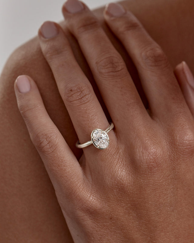 18k Solid White Gold Hidden Lotus Engagement Ring - Oval