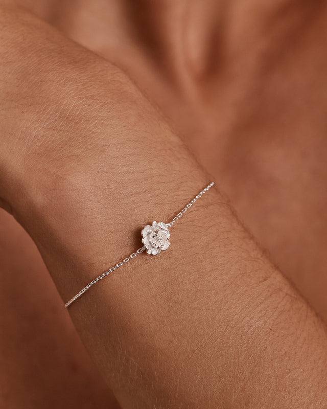 Sterling Silver Peony November Birth Flower Bracelet