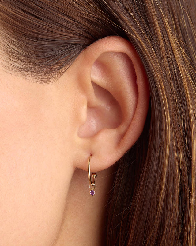 14k Solid Gold Birthstone Hoop Earring Charm - February - Amethyst