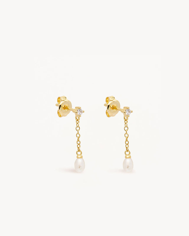 18k Gold Vermeil Tear Drop Chain Pearl Earrings