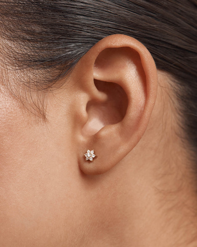 14k Solid Gold Lotus Flower Diamond Stud Earring