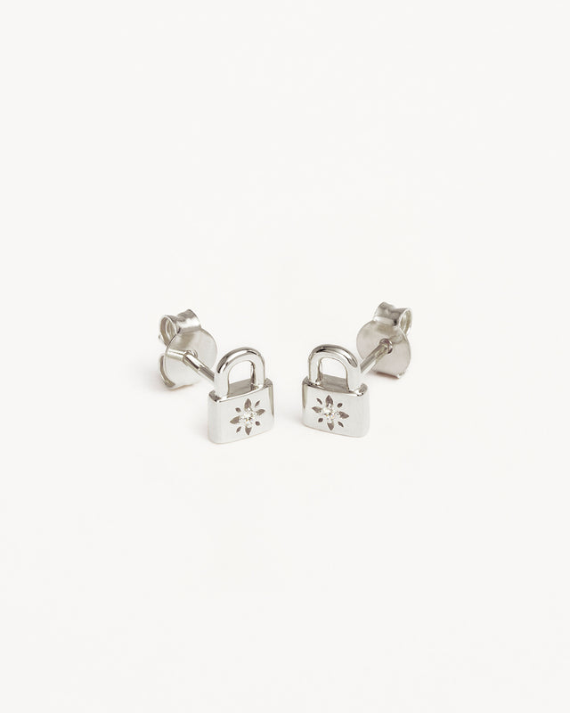 Sterling Silver Crystal Lotus Padlock Stud Earrings