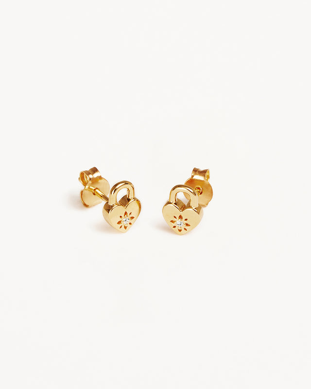 18k Gold Vermeil Crystal Lotus Heart Padlock Stud Earrings