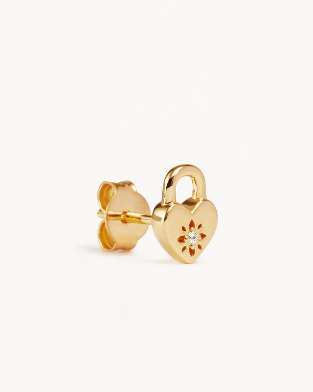 18k Gold Vermeil Crystal Lotus Heart Padlock Stud Earrings