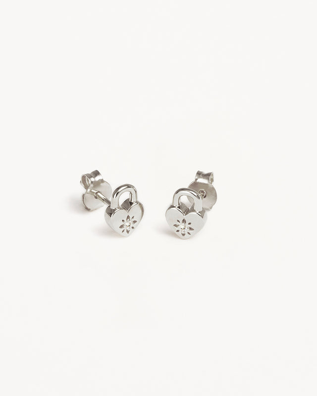 Sterling Silver Crystal Lotus Heart Padlock Stud Earrings