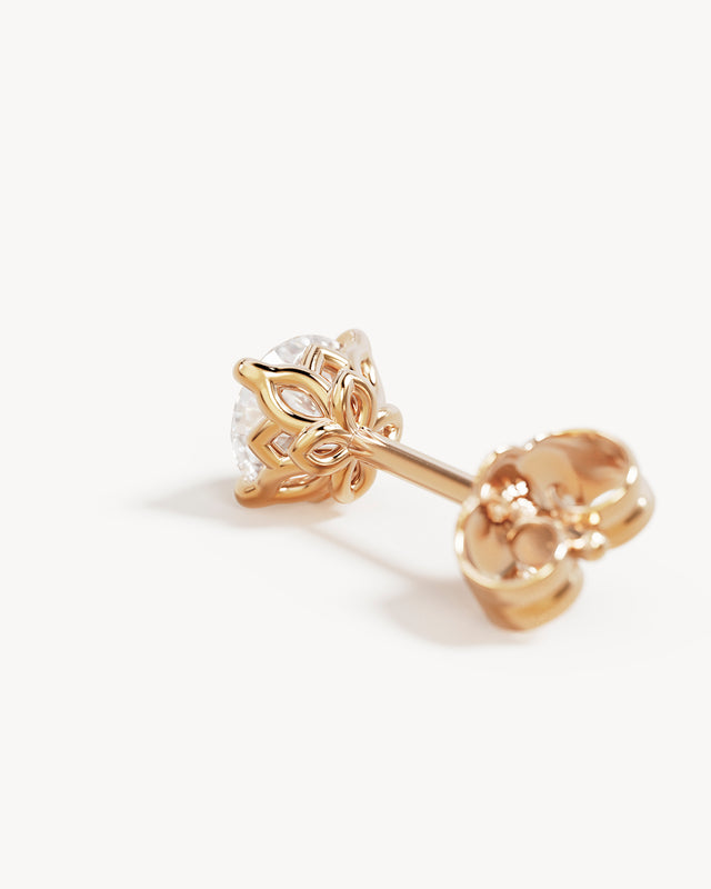 14k Solid Gold Lotus in Bloom Round 0.5ct Lab-Grown Diamond Stud Earring