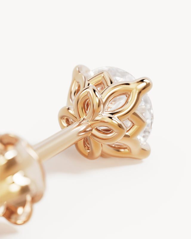 14k Solid Gold Lotus in Bloom Round 0.5ct Lab-Grown Diamond Stud Earring