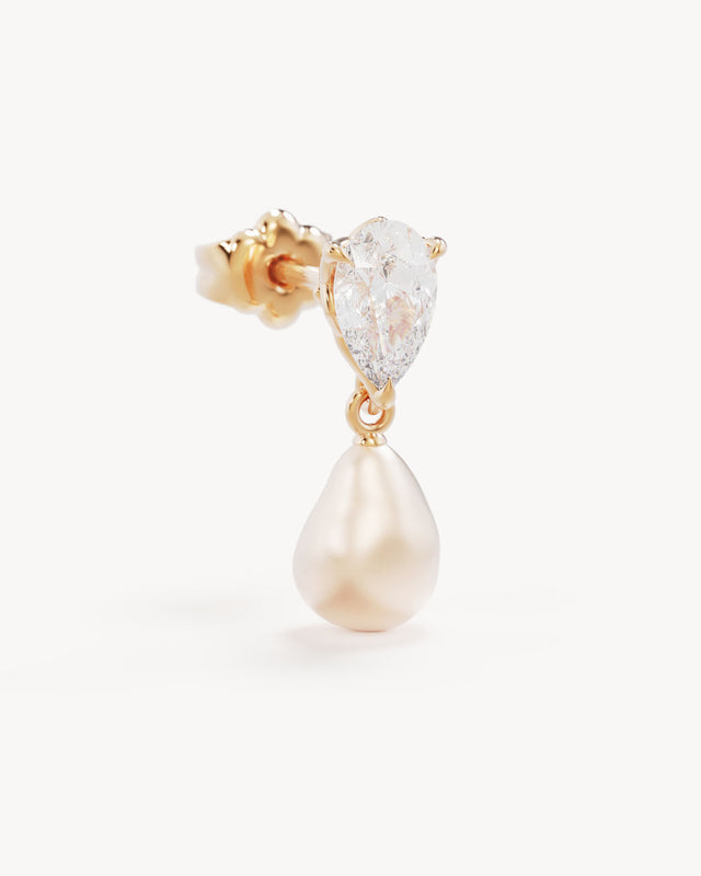 14k Solid Gold Moonlit Lotus Lab-Grown Diamond Pearl Drop Earring