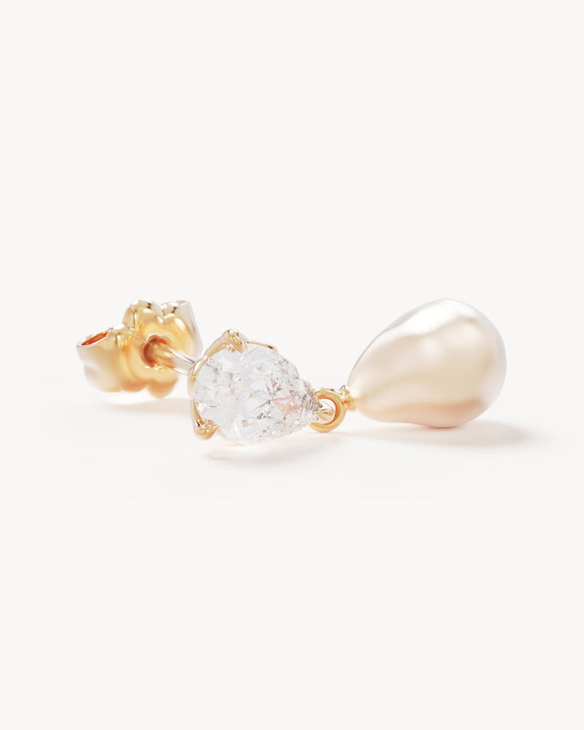 14k Solid Gold Moonlit Lotus Lab-Grown Diamond Pearl Drop Earring