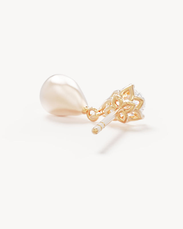 14k Solid Gold Moonlit Lotus Lab-Grown Diamond Pearl Drop Earring
