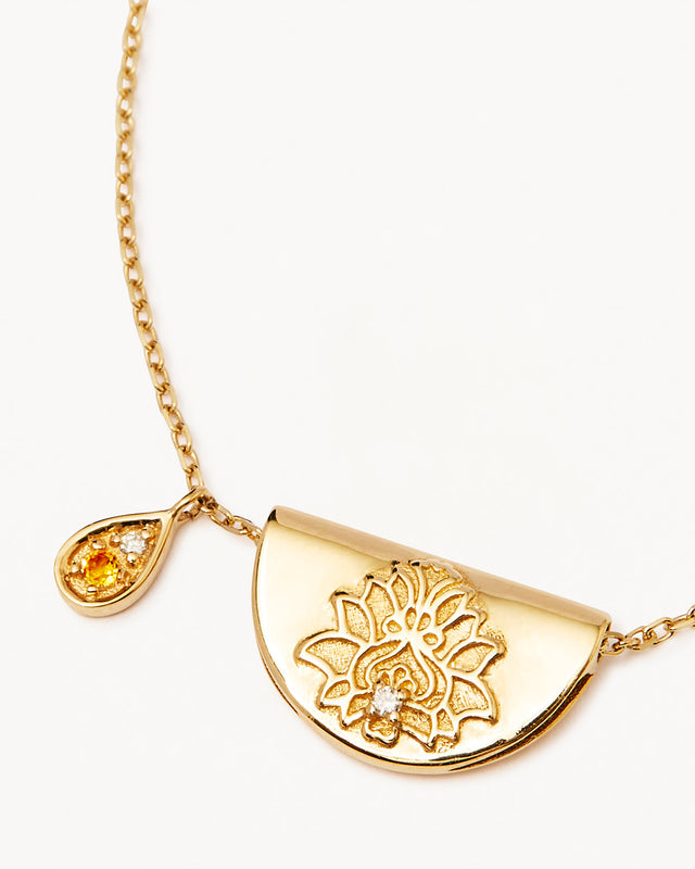 14k Solid Gold Lotus Birthstone Diamond Necklace - November - Citrine