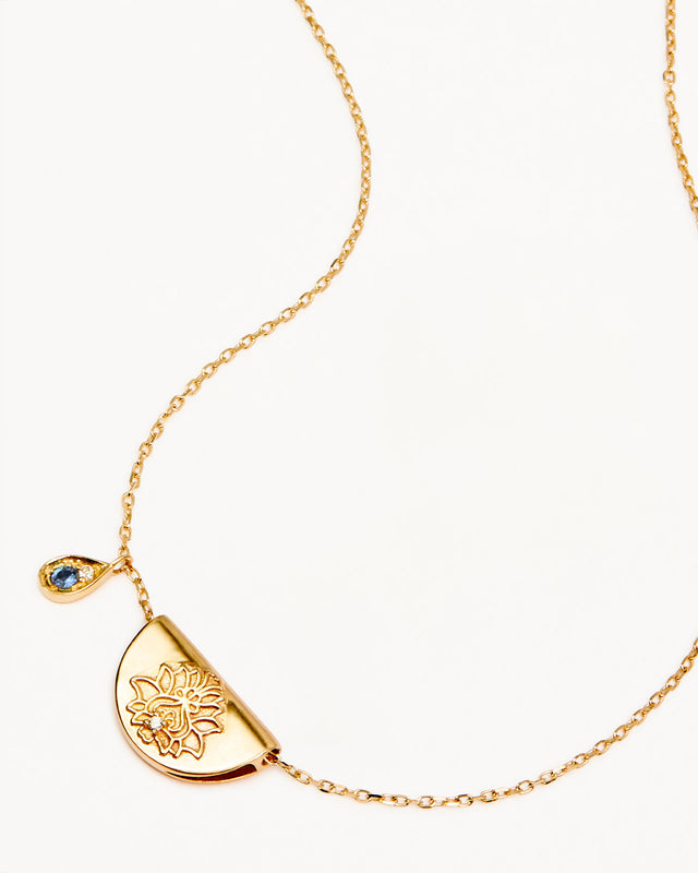 14k Solid Gold Lotus Birthstone Diamond Necklace - December - Blue Topaz