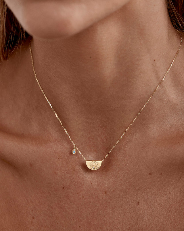 14k Solid Gold Lotus Birthstone Diamond Necklace - December - Blue Topaz