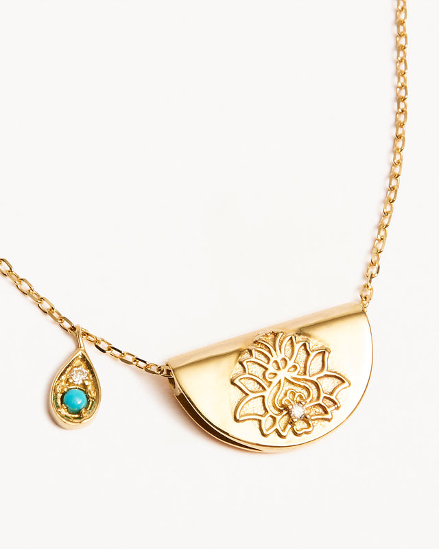 14k Solid Gold Lotus Birthstone Diamond Necklace - December - Turquoise