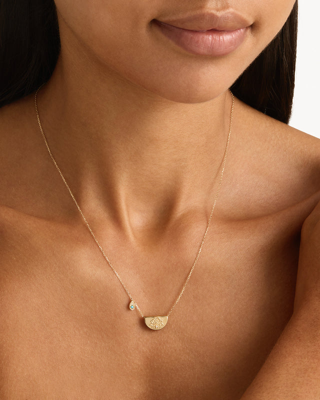 14k Solid Gold Lotus Birthstone Diamond Necklace - December - Turquoise