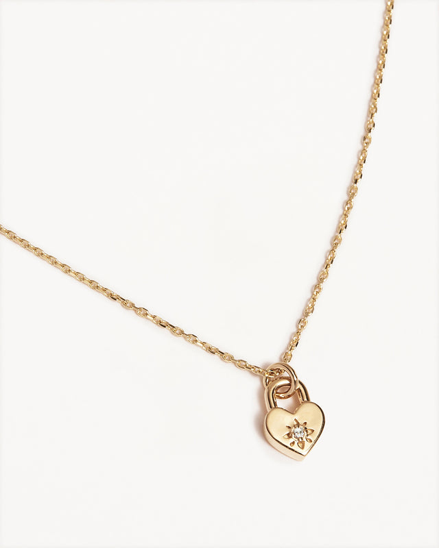 9k Solid Gold Lab-Grown Diamond Lotus Heart Padlock Necklace