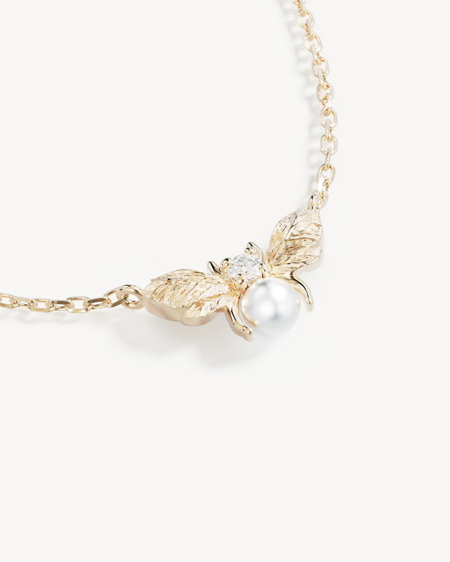 9k Solid Gold Guardian Bumblebee Lab-Grown Diamond Pearl Necklace