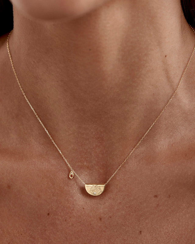14k Solid Gold Lotus Birthstone Diamond Necklace - January - Garnet