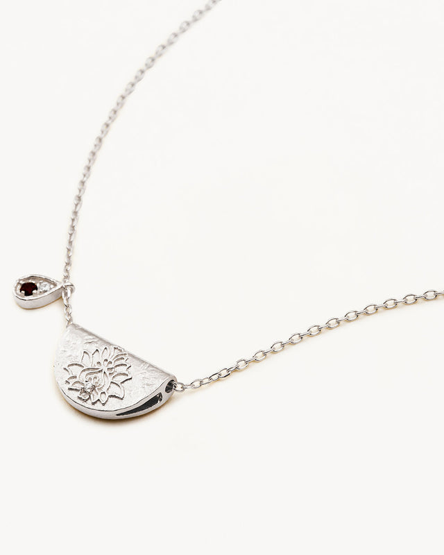 Sterling Silver Lotus Birthstone Necklace - January - Garnet