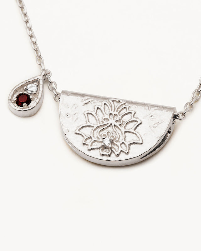 Sterling Silver Lotus Birthstone Necklace - January - Garnet