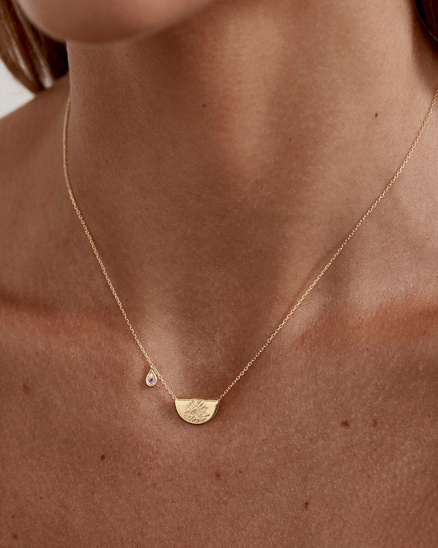 14k Solid Gold Lotus Birthstone Diamond Necklace - February - Amethyst
