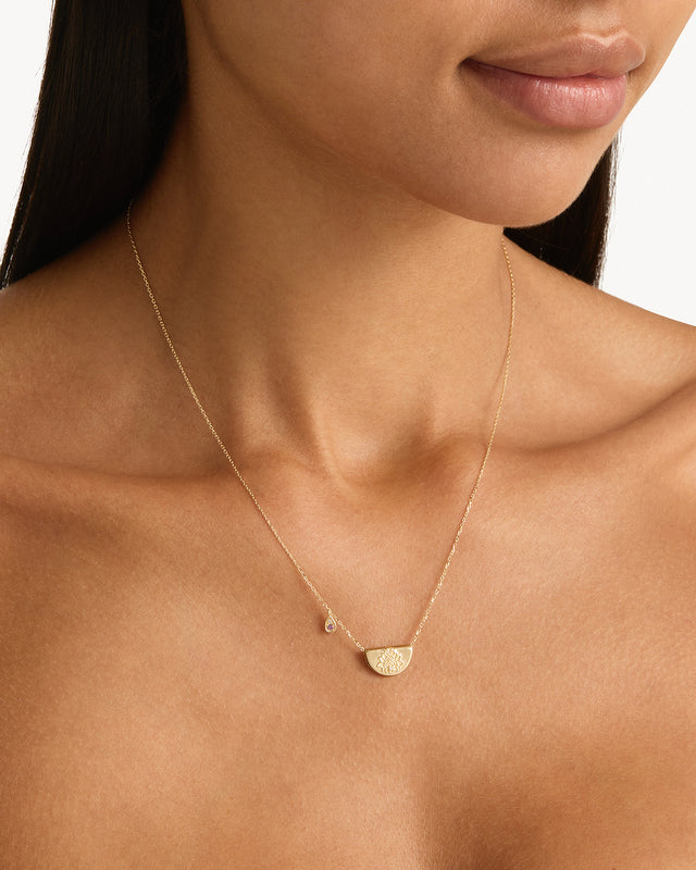 14k Solid Gold Lotus Birthstone Diamond Necklace - February - Amethyst