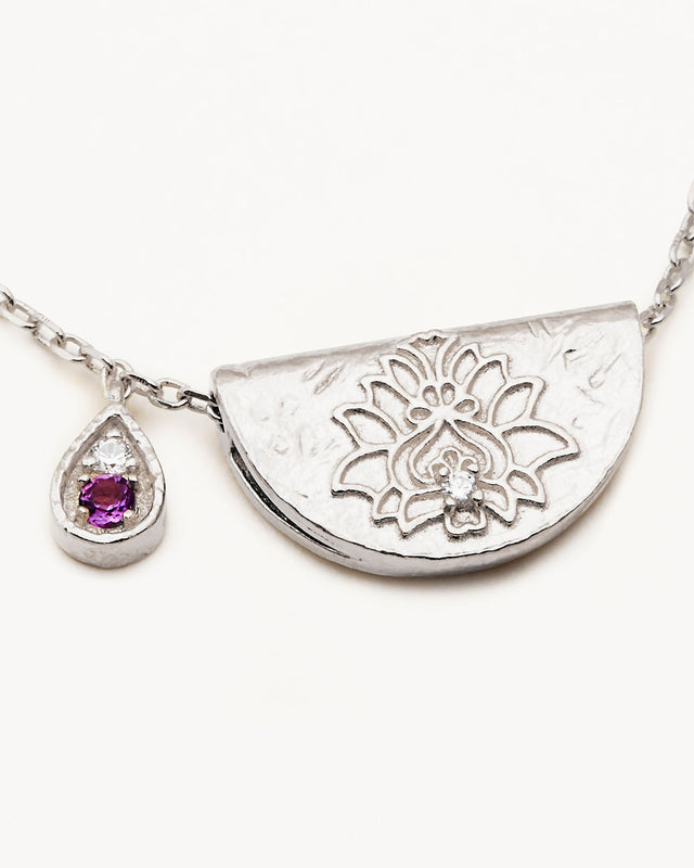 Sterling Silver Lotus Birthstone Necklace - February - Amethyst