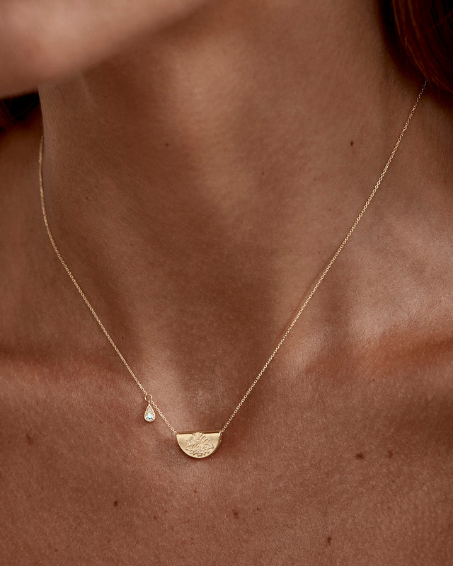 9k Solid Gold Lotus Birthstone Lab Grown Diamond Necklace - March - Aquamarine
