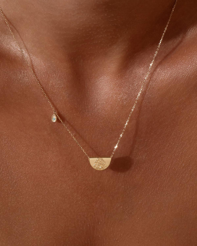 14k Solid Gold Lotus Birthstone Diamond Necklace - March - Aquamarine