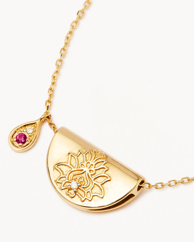 14k Solid Gold Lotus Birthstone Diamond Necklace - July - Ruby